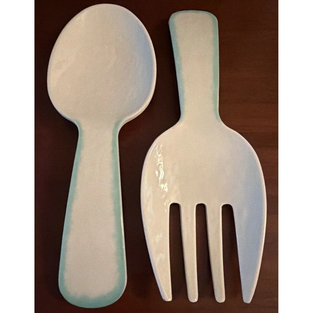Laurie Gates Salad Server Tray Set Spoon & Fork White Teal Trim 10.5